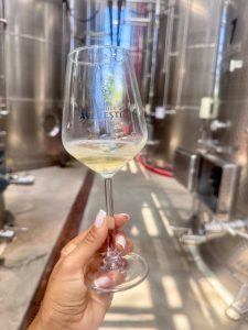 Pahar de Sauvignon Blanc Domeniile Averești, ținut în mână în interiorul cramei, înconjurat de tancuri din inox pentru vinificație.