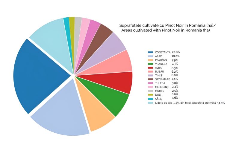 Diagramă circulară care arată suprafețele cultivate cu Pinot Noir în România pe județe – Constanța 22,8%, Arad 18%, Prahova 7,9%, Vrancea 7,3% etc.
