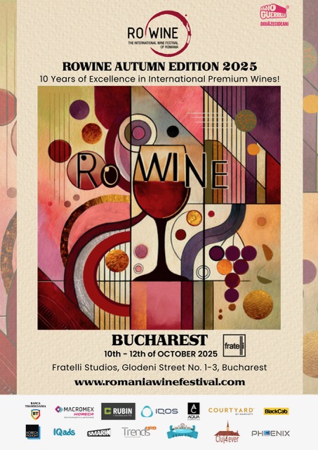 Poster oficial RO-Wine Autumn Edition 2025 – Festivalul internațional de vinuri premium, ediția de toamnă București, cu detalii despre locație, dată și parteneri