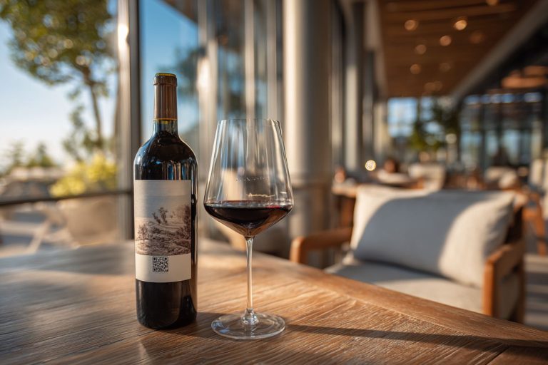 Sticlă de vin roșu cu etichetă modernă și cod QR, alături de un pahar plin, pe o masă într-un spațiu elegant.