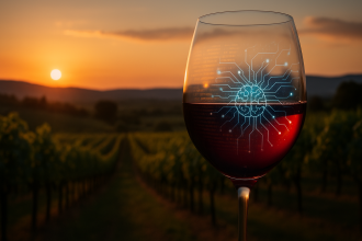 Inteligența artificială în industria vinului, dronă și pahar la apus