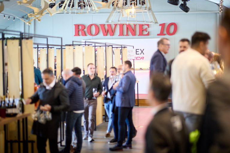 Participanți la RO-Wine 2025 discutând și făcând networking în cadrul festivalului, într-o atmosferă elegantă și prietenoasă.
