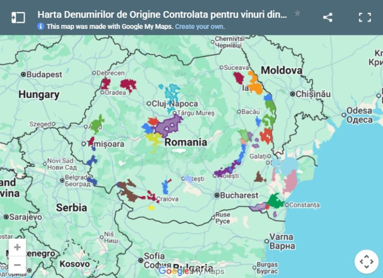 Harta denumirilor de origine controlată (DOC) pentru vinurile din România, cu regiunile viticole colorate pe hartă.