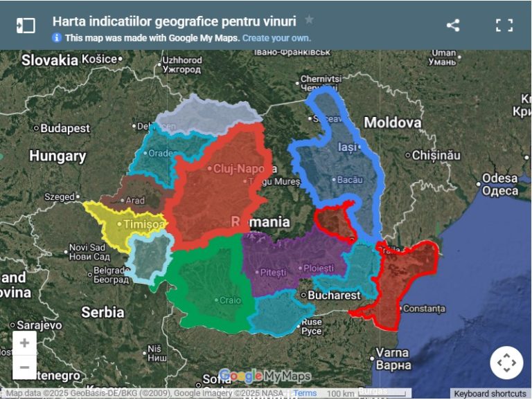 Harta indicațiilor geografice (IG) pentru vinurile din România, cu regiunile viticole delimitate și colorate distinct.